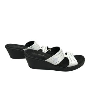 Skechers White Wedge Slide Sandals With Silver Studs Memory Foam Insoles Sz9